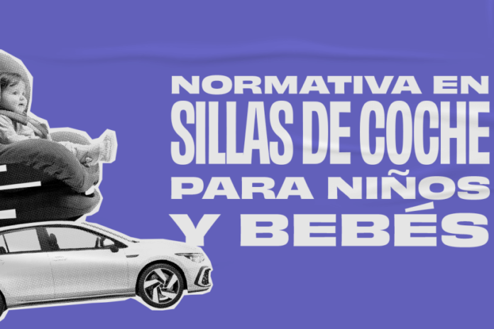 Normativa en sillas de coche para niños y bebés: silla infantil sobre un coche en fondo morado