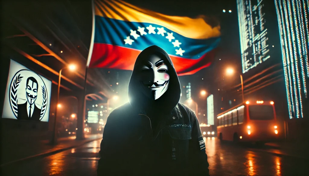 Figura enmascarada con máscara de Guy Fawkes representando a Anonymous, frente a la bandera de Venezuela, en un entorno oscuro y tecnológico.