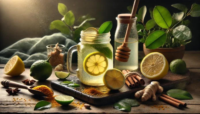 Vaso de agua con cúrcuma y limón, acompañado de rodajas de limón, raíz de cúrcuma y una jarra de miel sobre una mesa de madera.