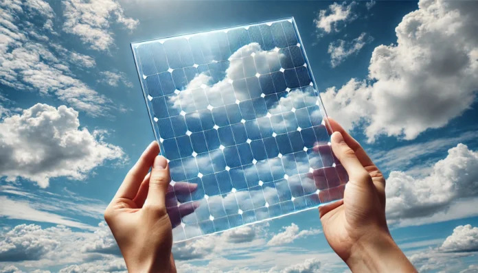 Manos sosteniendo un panel solar transparente que refleja el cielo azul y las nubes, simbolizando el futuro de la energía limpia