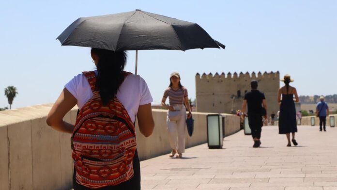 Turista con paraguas y mochila paseando por el puente romano, Córdoba, bajo el sol intenso.