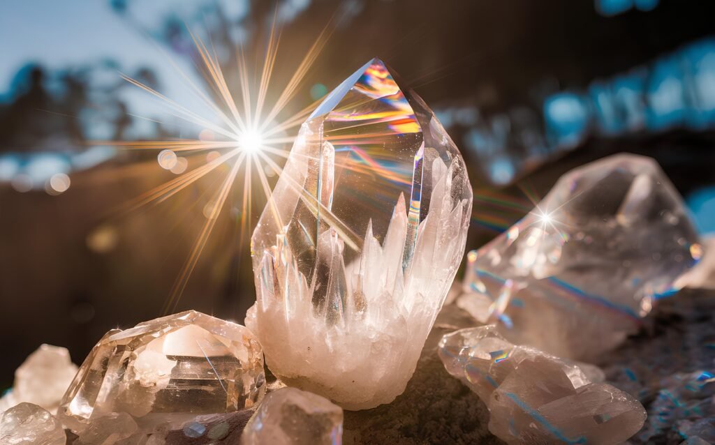 Cristales de cuarzo refractando la luz del sol, creando un efecto prismático brillante