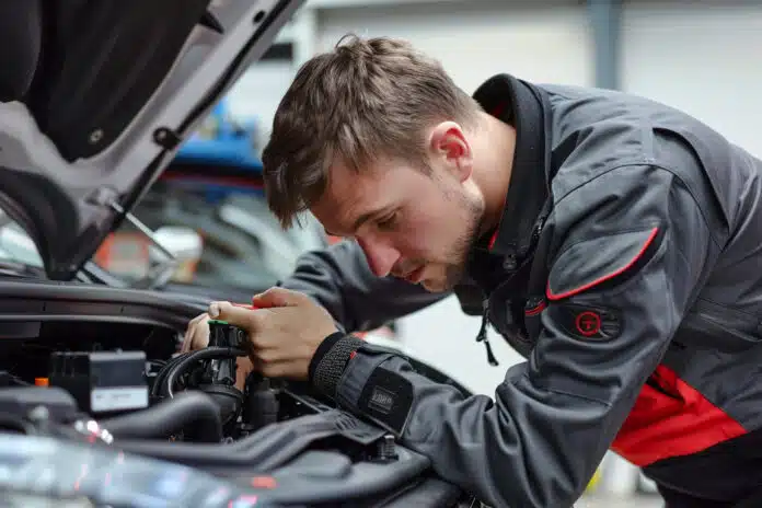 Mecanico profesional haciendo mantenimiento preventivo de coches