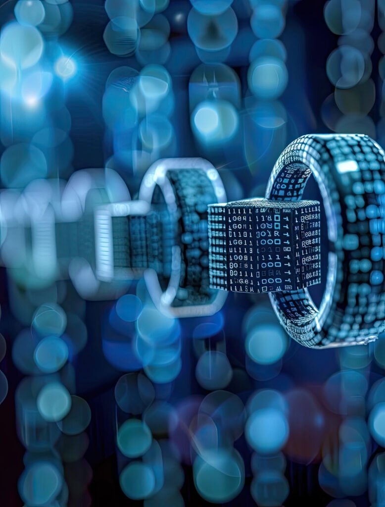 Renderizado 3D de un microchip cuántico flotante con circuitos brillantes azules, rodeado por anillos de datos difusos que evocan la estructura de una blockchain.