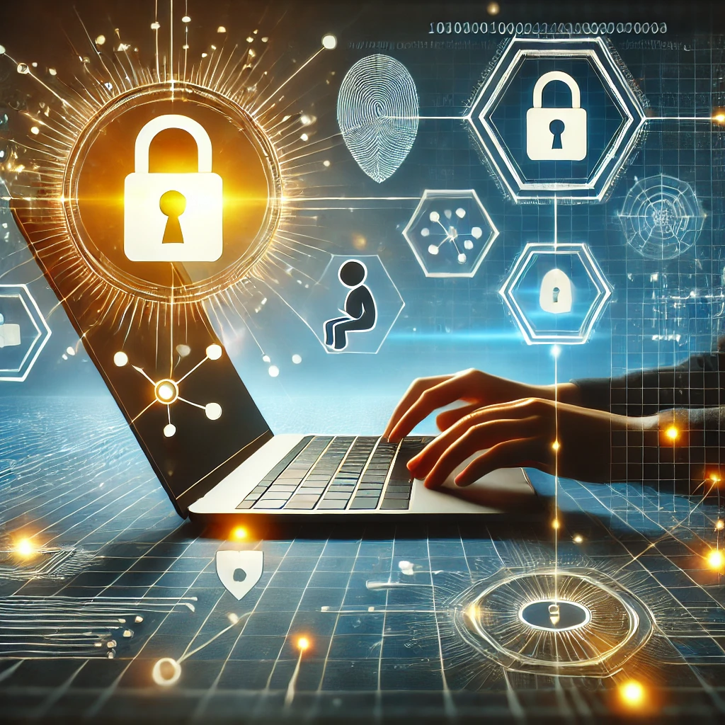 Ilustración de una persona usando un portátil en un entorno seguro con símbolos de ciberseguridad y privacidad.