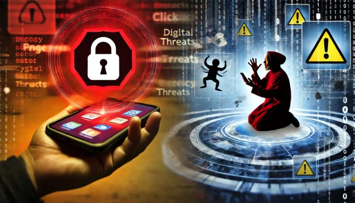 Persona preocupada con un ícono de advertencia en su smartphone, rodeada de símbolos de amenazas cibernéticas como un hacker y un candado roto.