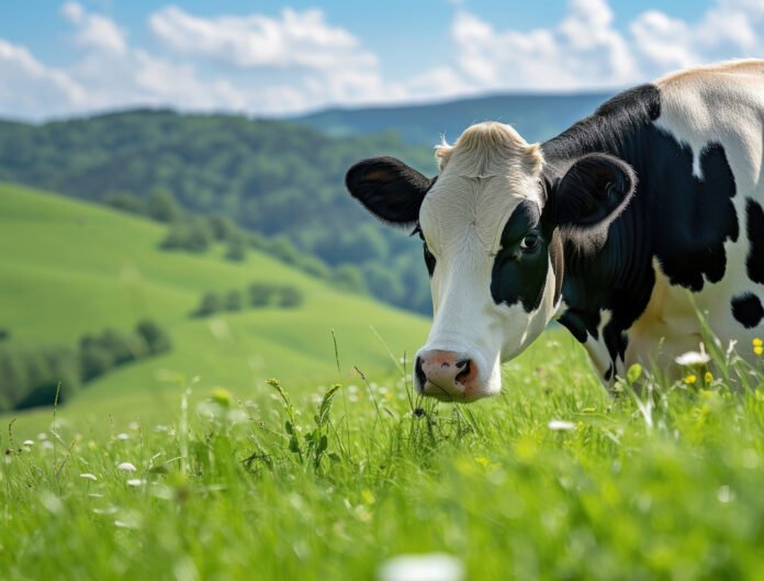 Vaca Holstein pastando en un campo verde con colinas en el fondo
