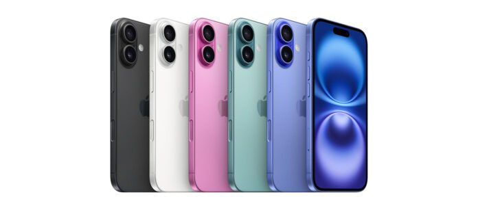 Nuevos iPhone 16 en cinco colores diferentes mostrando el sistema de cámara dual y pantalla