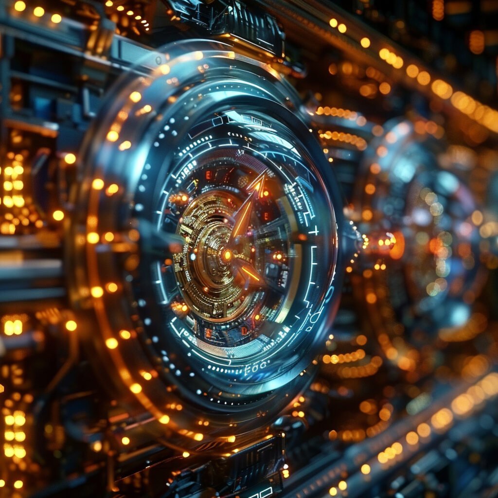 Imagen abstracta de una interfaz circular futurista con elementos luminosos azules y dorados, que se asemeja a un vórtice temporal o un mecanismo de reloj avanzado.