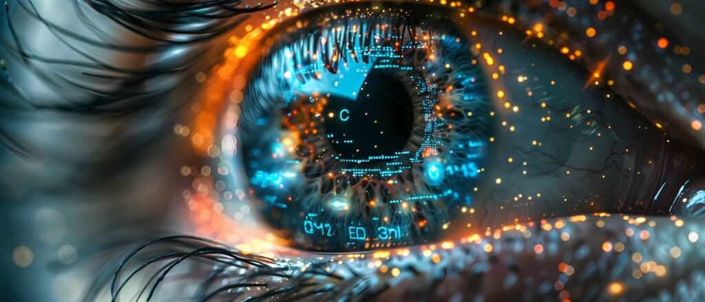 Macro fotografía de un ojo humano con iris azul brillante y detalles dorados, simbolizando la precisión y capacidad de observación de los sistemas cuánticos.
