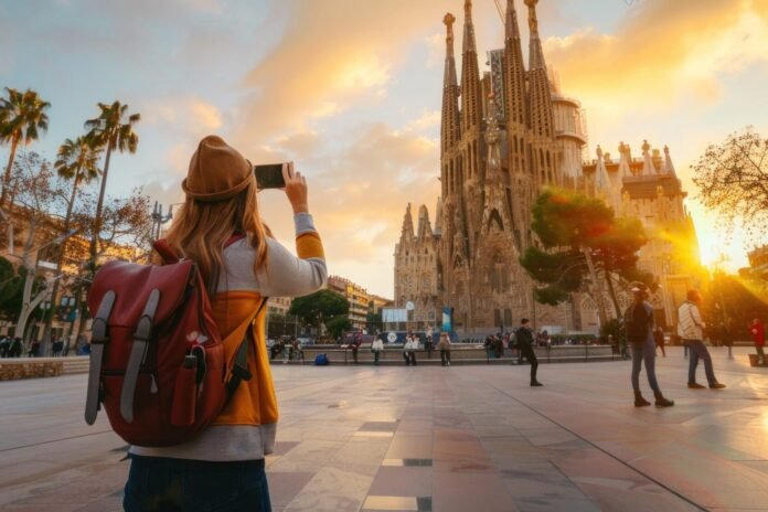 Turista tomando una foto de la Sagrada Familia en Barcelona al atardecer, con otros visitantes en la plaza.