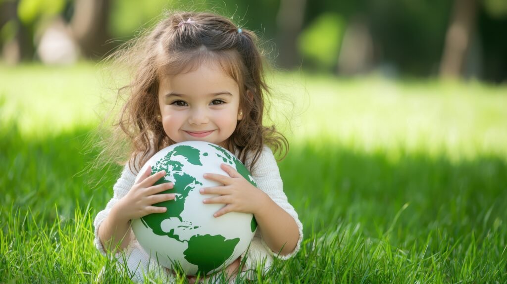 Niña abraza un globo terráqueo mientras se encuentra en un parque.