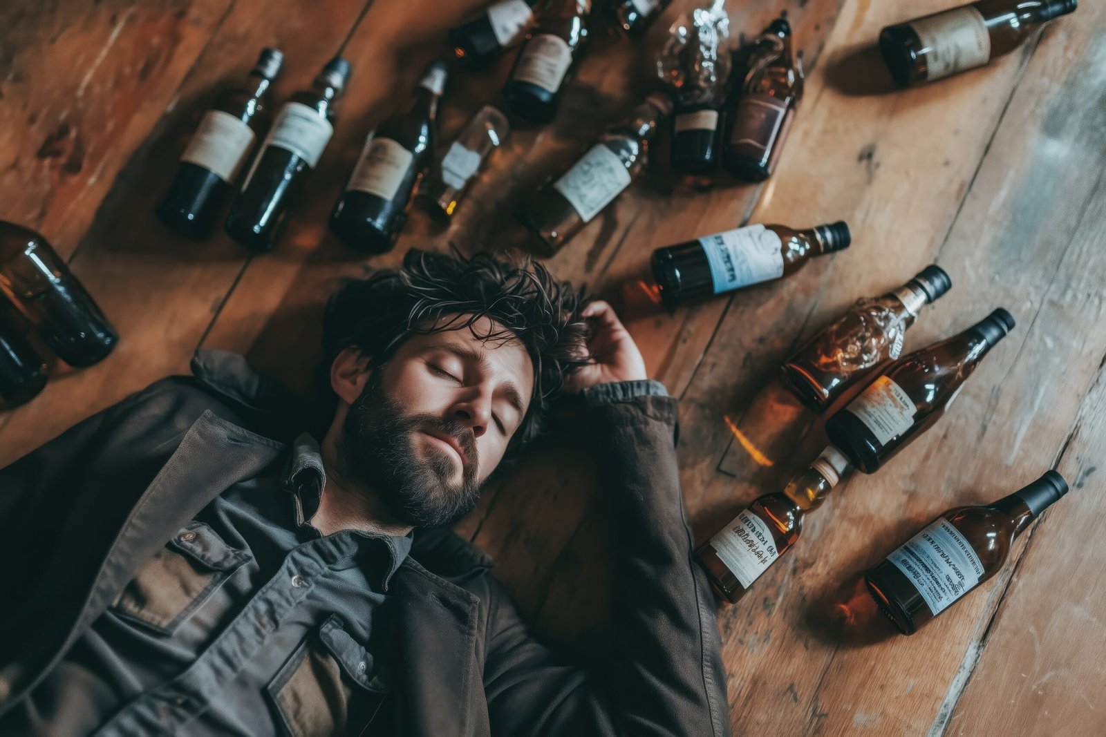 Hombre acostado en el suelo rodeado de botellas vacías, reflejando los efectos del alcoholismo.