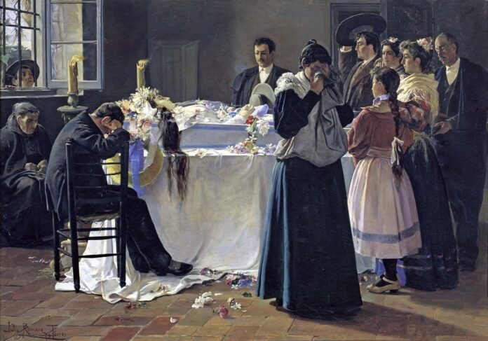 Escena fúnebre pintada por Julio Romero de Torres que muestra a dolientes reunidos alrededor de un féretro