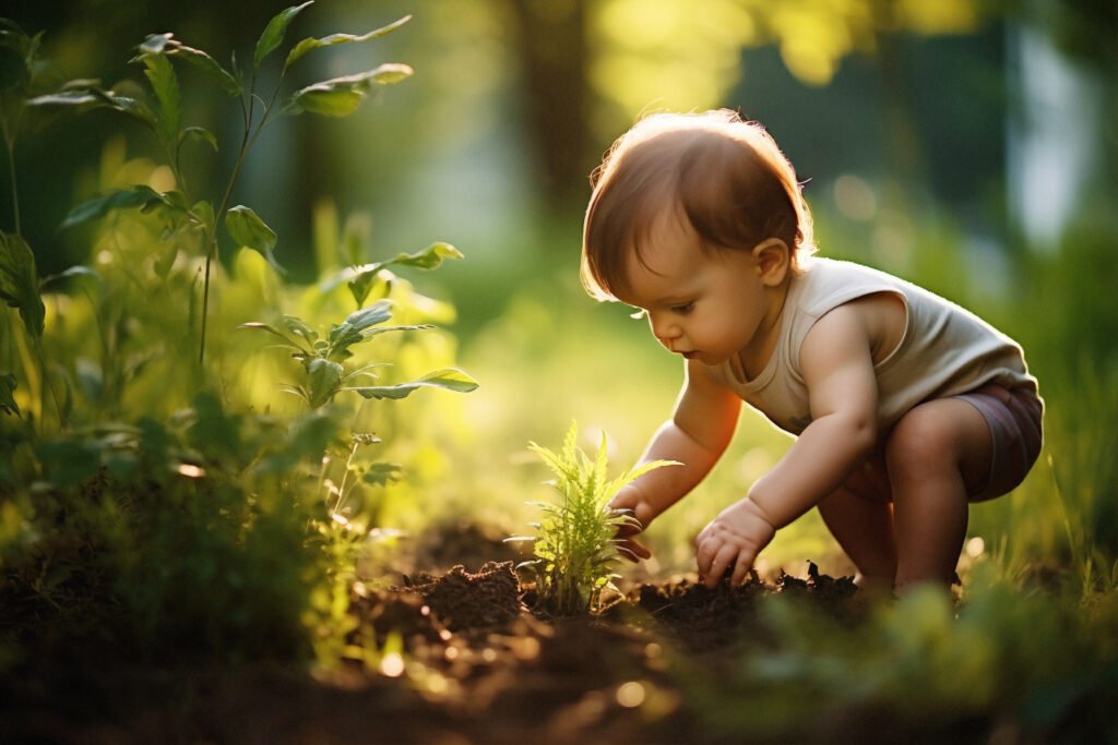 Bebé interactuando con plantas en un entorno natural de bosque. 