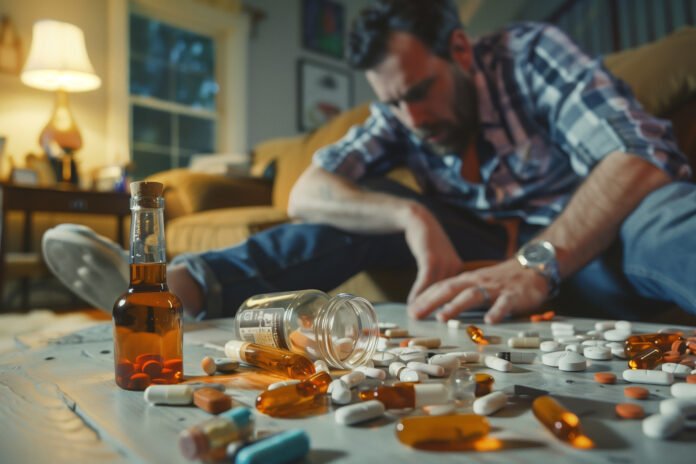 Hombre enfrentando su adicción rodeado de sustancias tóxicas como alcohol y pastillas.